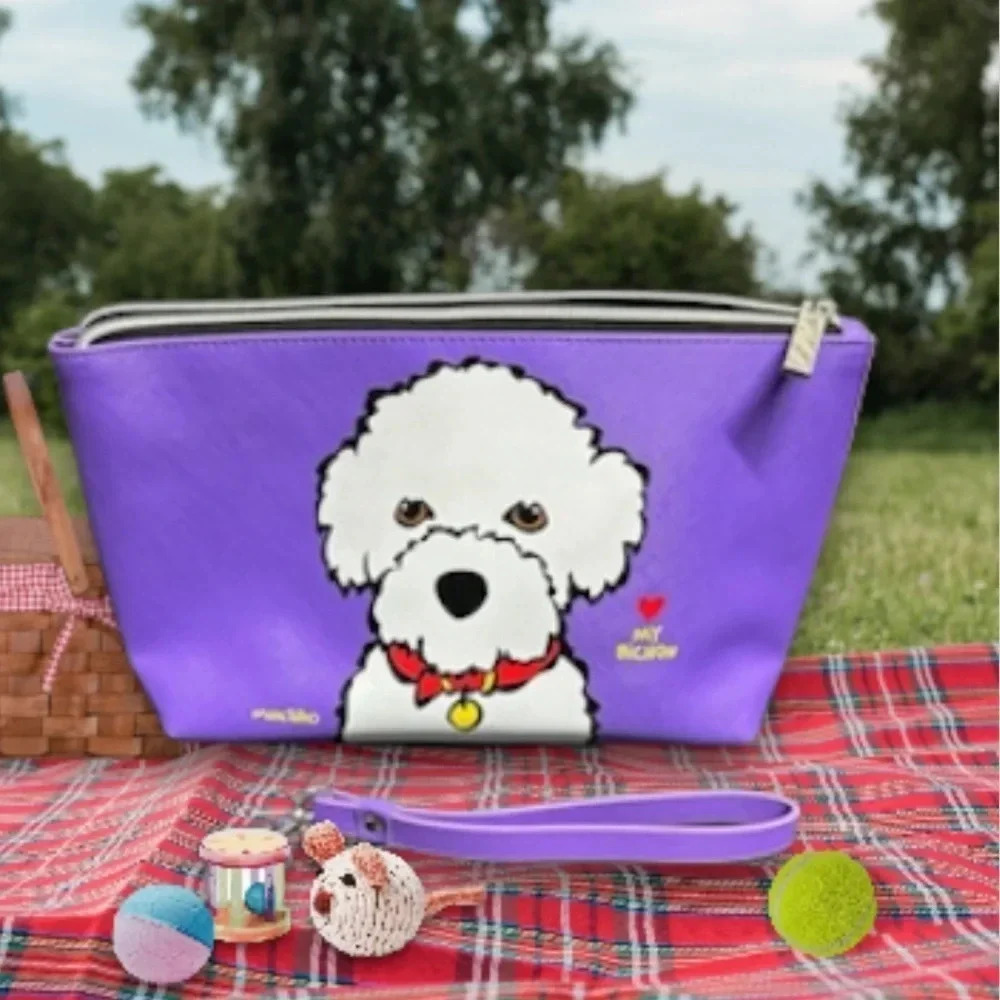 Marc Tetro Bichon Frise‎ Bag Wristlet Purple Zip Top Wristlet Strap Faux Leather